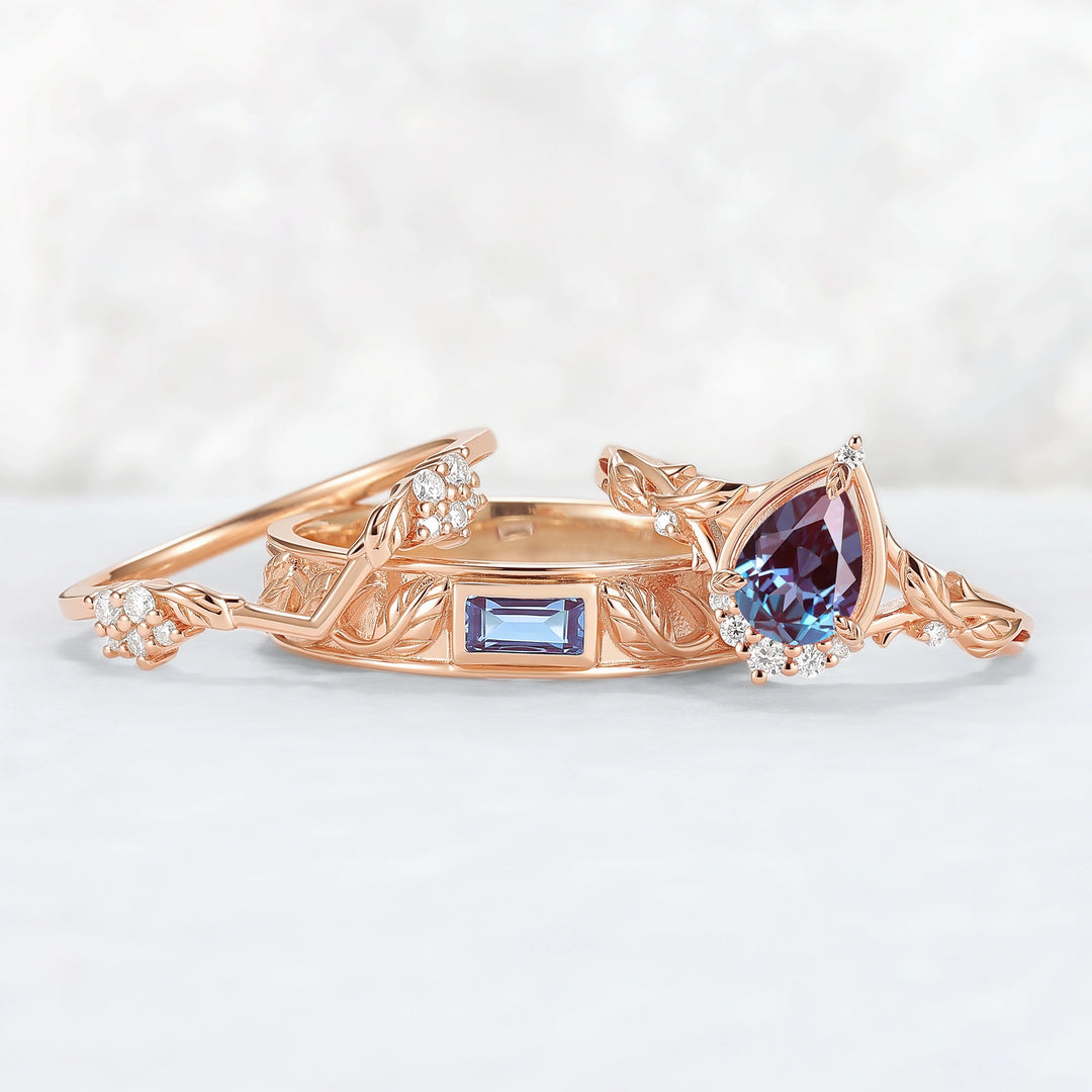 Nature Inspired Pear Cut Alexandrite Couple Ring - Magic Forest