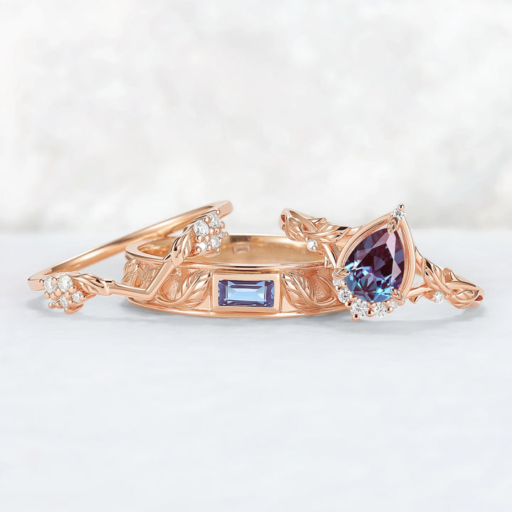 Nature Inspired Pear Cut Alexandrite Couple Ring - Magic Forest