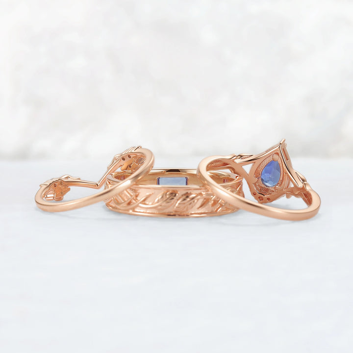 Nature Inspired Pear Cut Alexandrite Couple Ring - Magic Forest