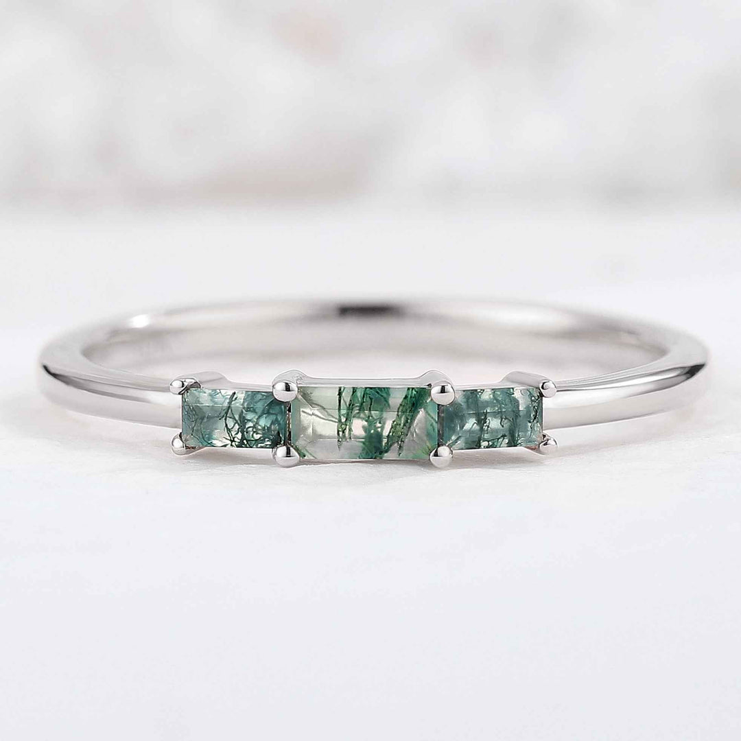 Baguette Shaped Moss Agate Three Stone Bridal Ring