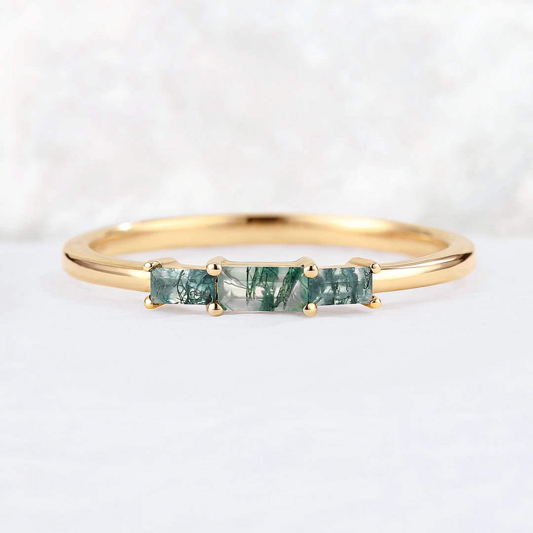 Baguette Shaped Moss Agate Three Stone Stacking Ring