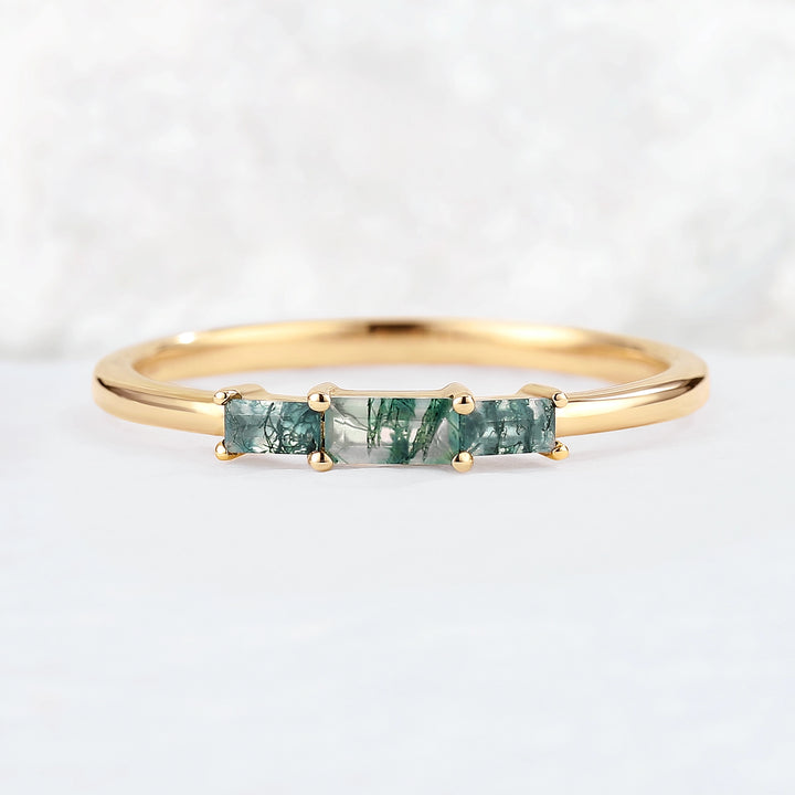 Baguette Shaped Moss Agate Three Stone Stacking Ring