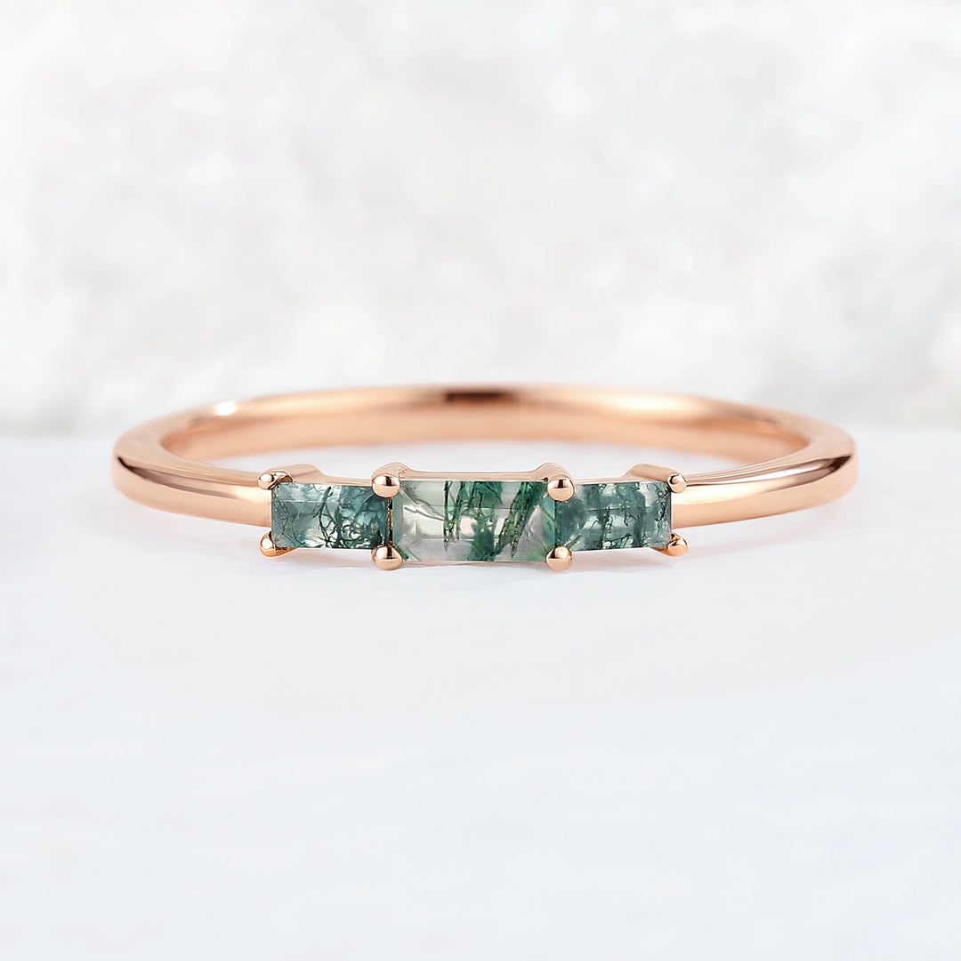 Baguette Shaped Moss Agate Three Stone Stacking Ring