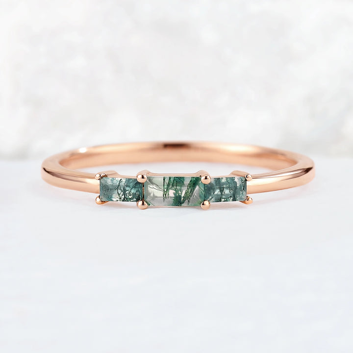 Baguette Shaped Moss Agate Three Stone Stacking Ring