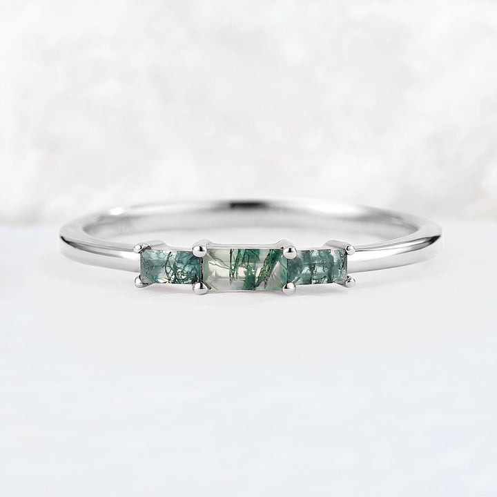 Baguette Shaped Moss Agate Three Stone Stacking Ring