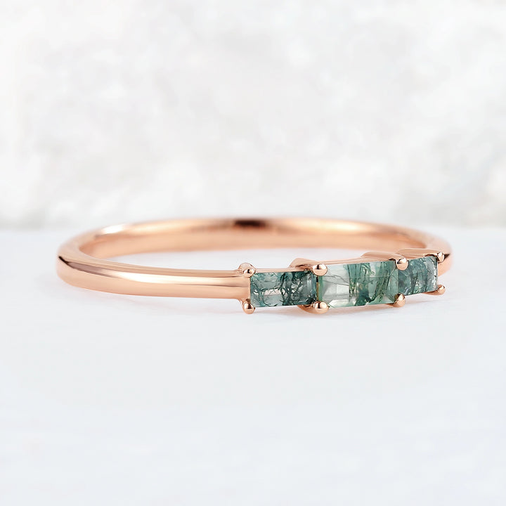 Baguette Shaped Moss Agate Three Stone Stacking Ring