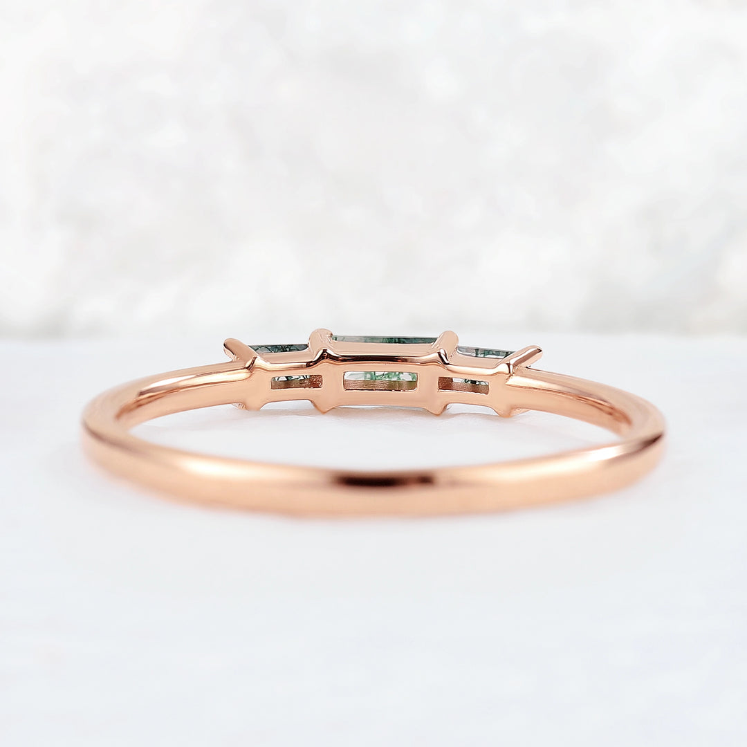 Baguette Shaped Moss Agate Three Stone Stacking Ring