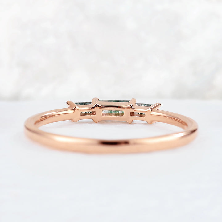 Baguette Shaped Moss Agate Three Stone Stacking Ring
