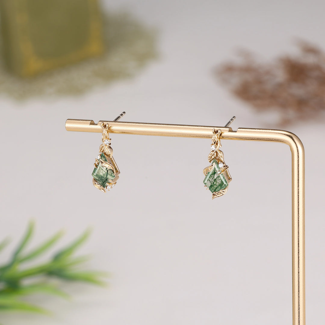 Batwing & Leafy Kite Cut Moss Agate Earrings Gift for Her
