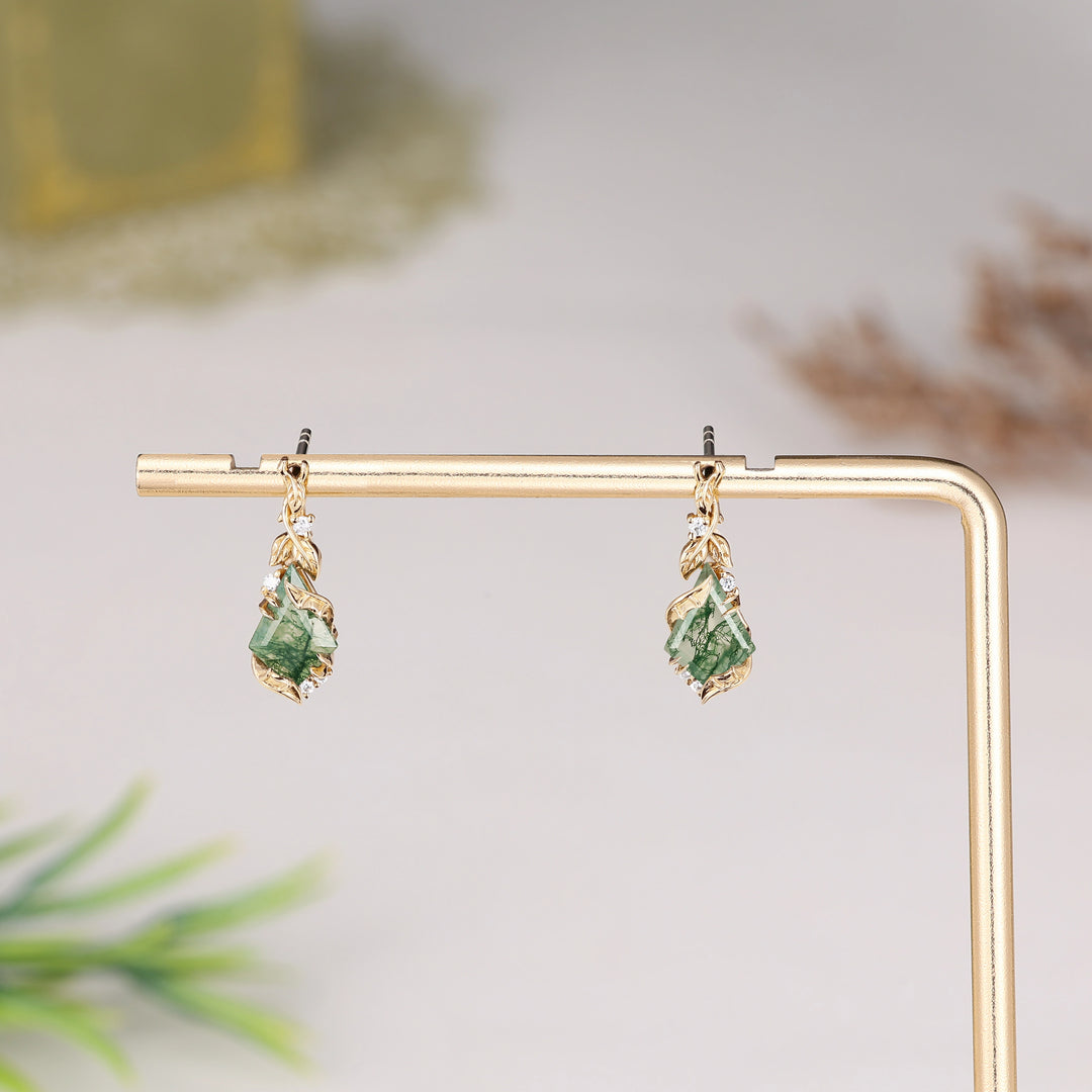 Batwing & Leafy Kite Cut Moss Agate Earrings Gift for Her