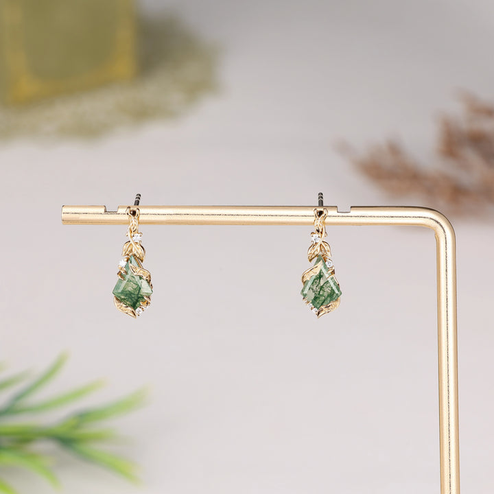 Batwing & Leafy Kite Cut Moss Agate Earrings Gift for Her