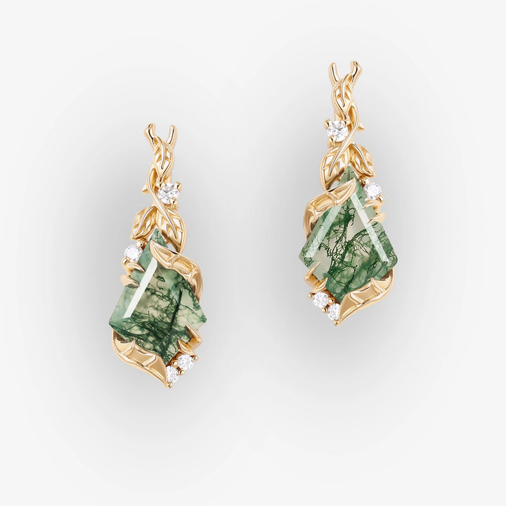 Batwing & Leafy Kite Cut Moss Agate Earrings Gift for Her