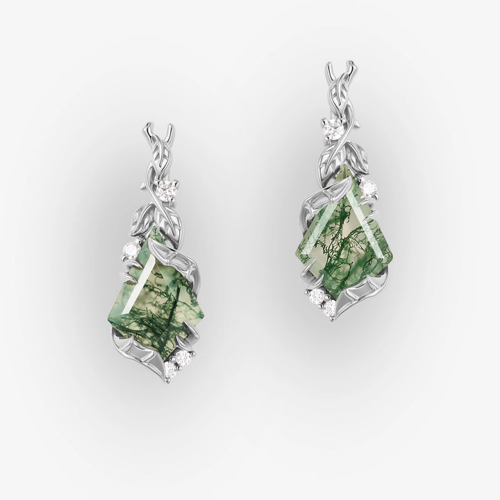 Batwing & Leafy Kite Cut Moss Agate Earrings Gift for Her