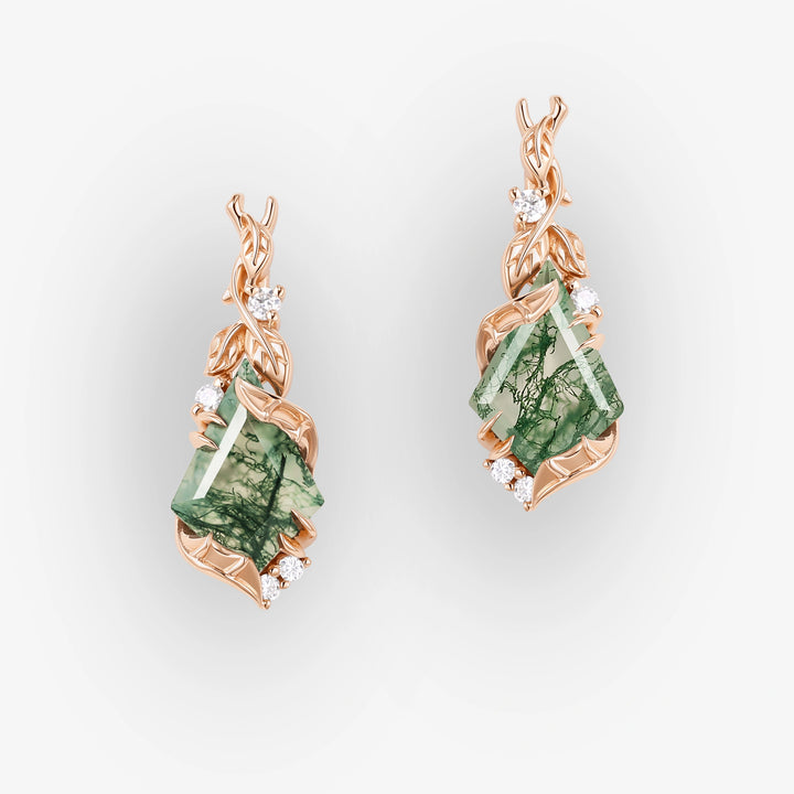 Batwing & Leafy Kite Cut Moss Agate Earrings Gift for Her
