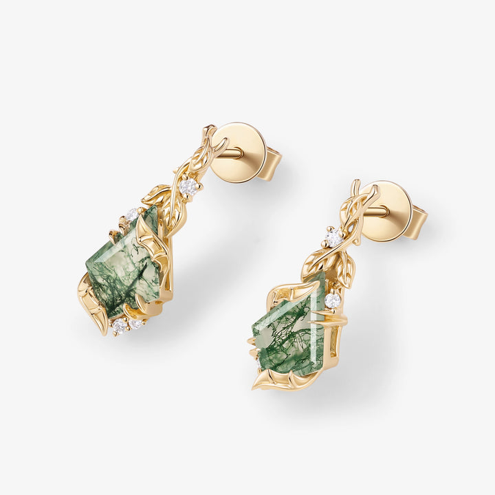 Batwing & Leafy Kite Cut Moss Agate Earrings Gift for Her