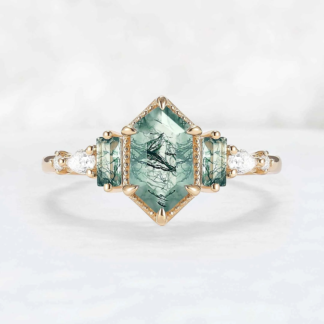 Beaded Halo Long Hexagon Cut Moss Agate Engagement Ring