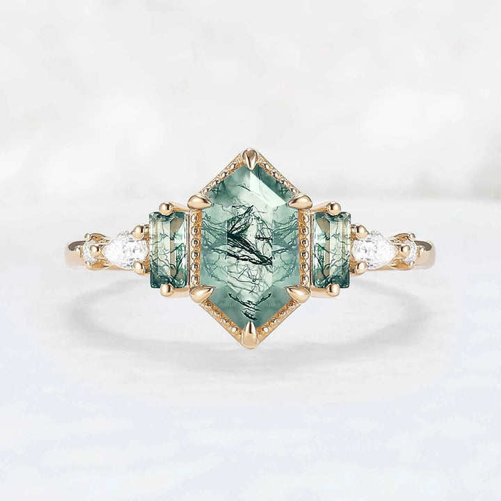 Beaded Halo Long Hexagon Cut Moss Agate Engagement Ring