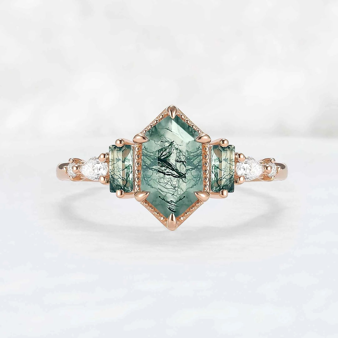 Beaded Halo Long Hexagon Cut Moss Agate Engagement Ring