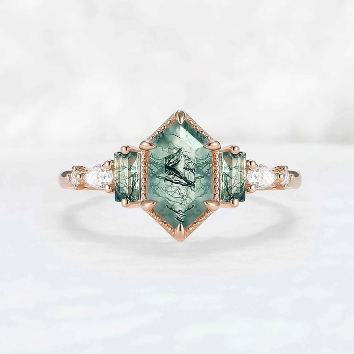 Beaded Halo Long Hexagon Cut Moss Agate Engagement Ring