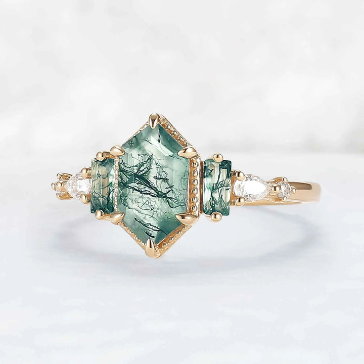 Beaded Halo Long Hexagon Cut Moss Agate Engagement Ring