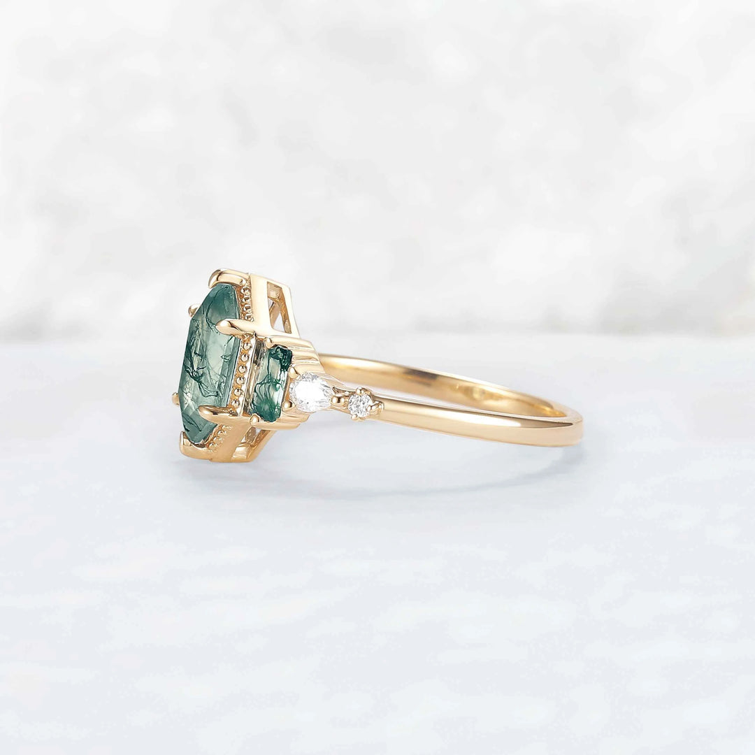 Beaded Halo Long Hexagon Cut Moss Agate Engagement Ring