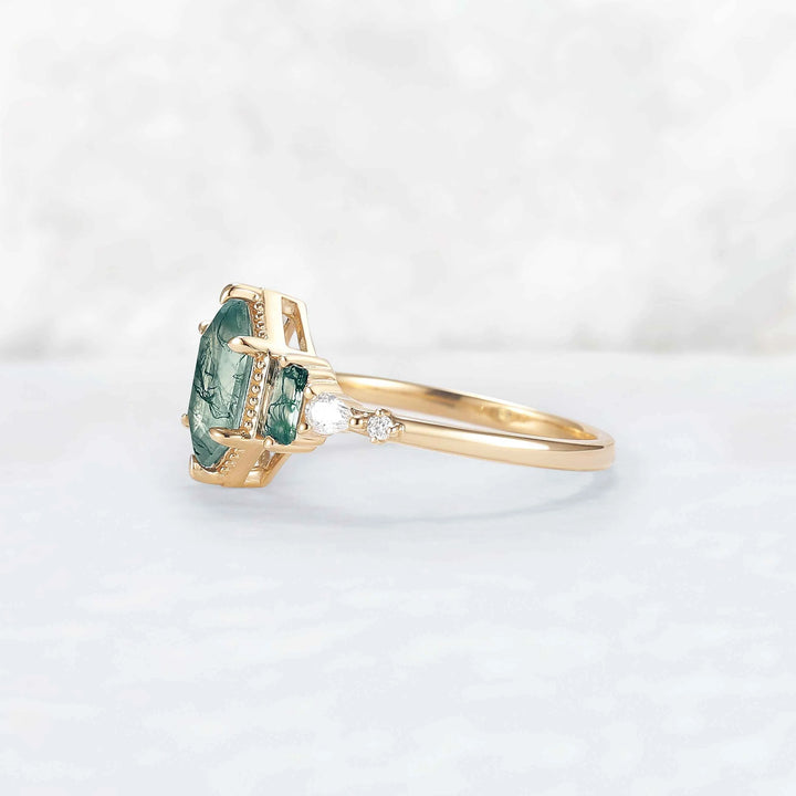 Beaded Halo Long Hexagon Cut Moss Agate Engagement Ring