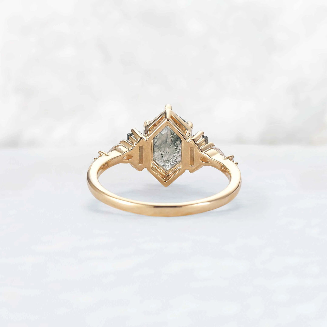 Beaded Halo Long Hexagon Cut Moss Agate Engagement Ring