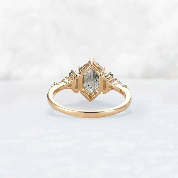Beaded Halo Long Hexagon Cut Moss Agate Engagement Ring