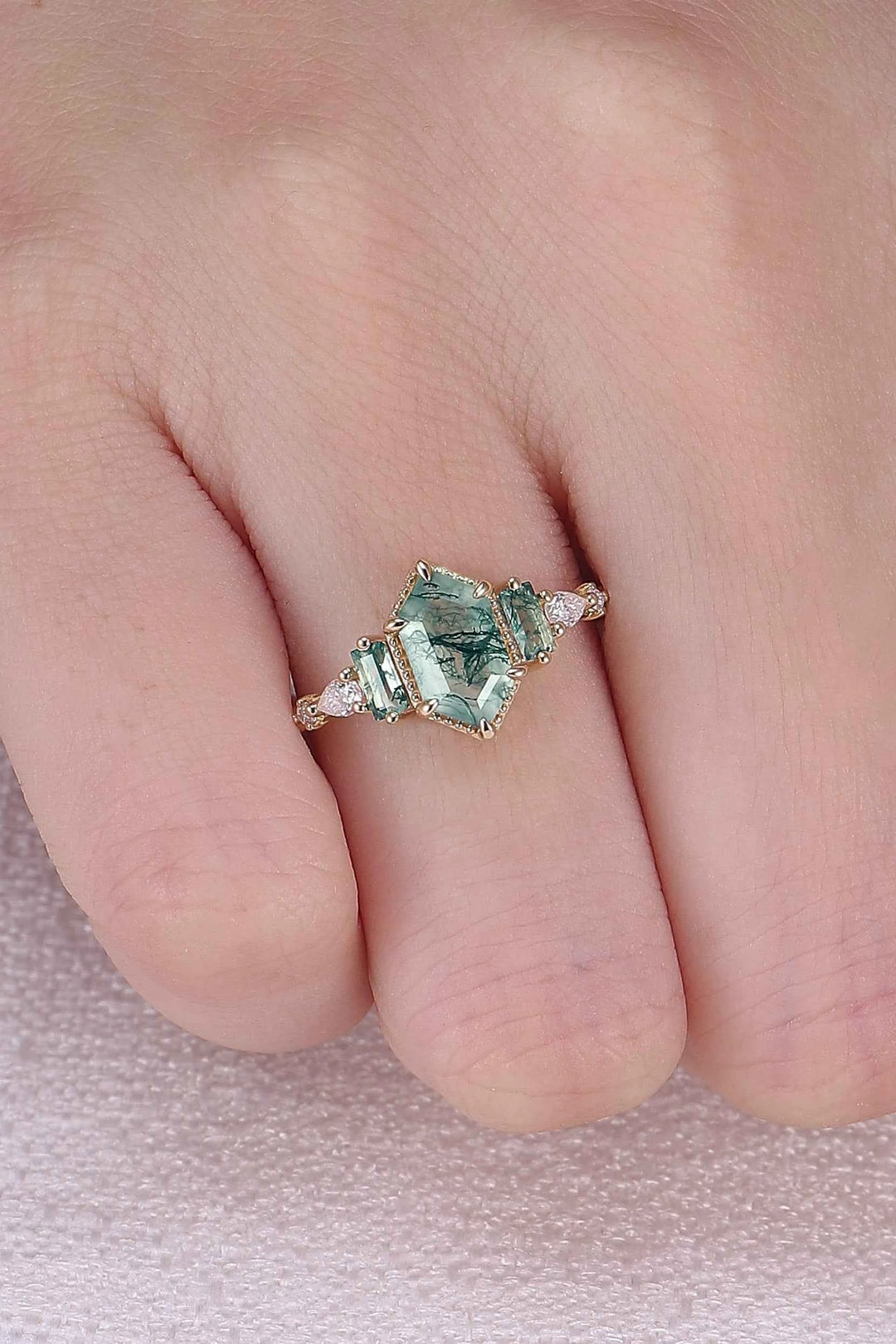 Beaded Halo Long Hexagon Cut Moss Agate Engagement Ring