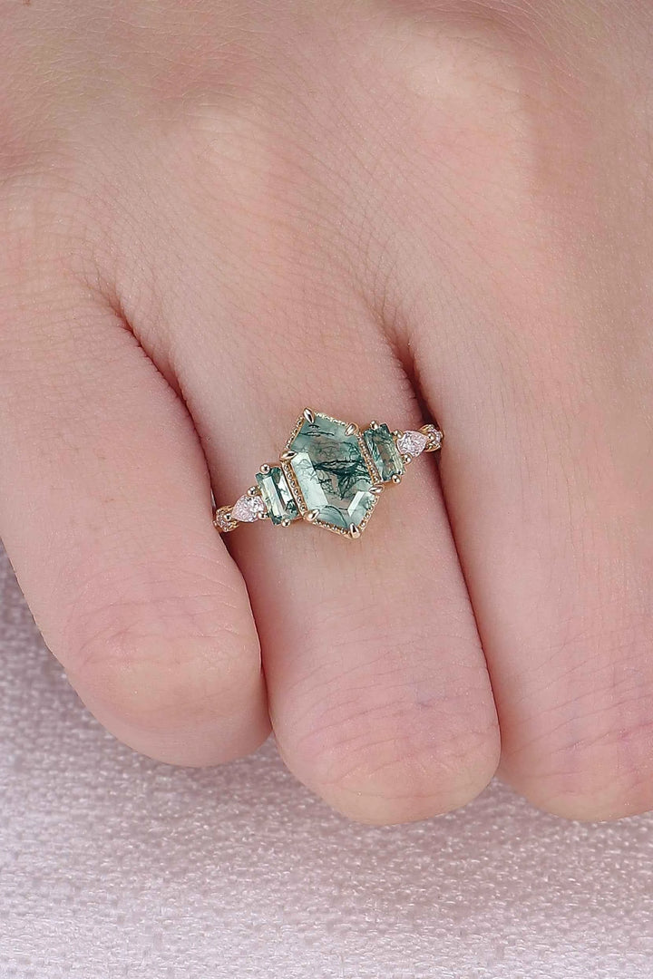 Beaded Halo Long Hexagon Cut Moss Agate Engagement Ring