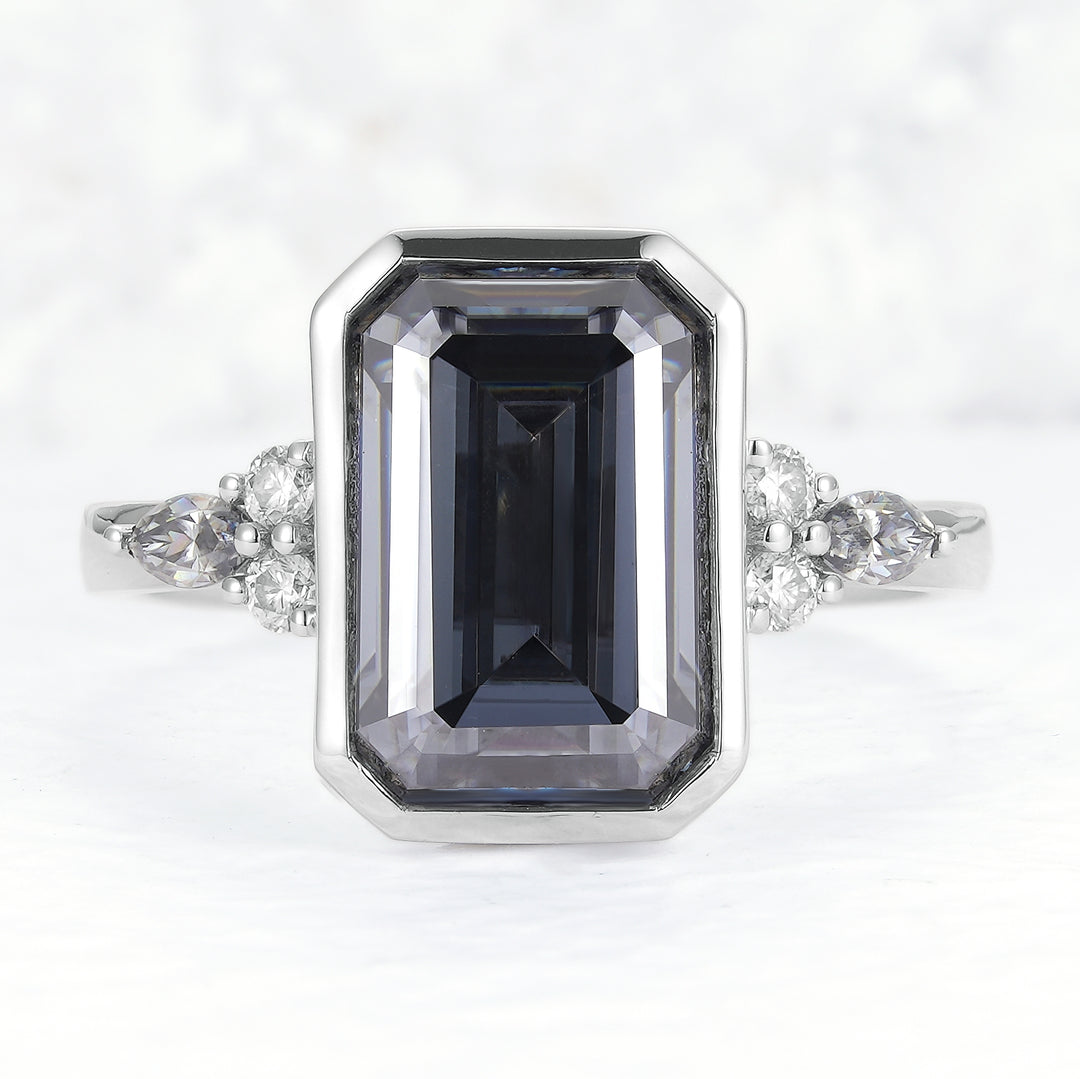 Cluster 3 Carat Emerald Cut Grey Moissanite Bezel Ring