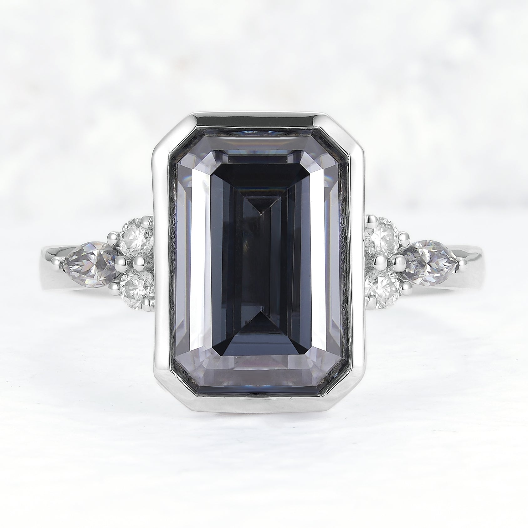 Cluster 3 Carat Emerald Cut Grey Moissanite Bezel Ring
