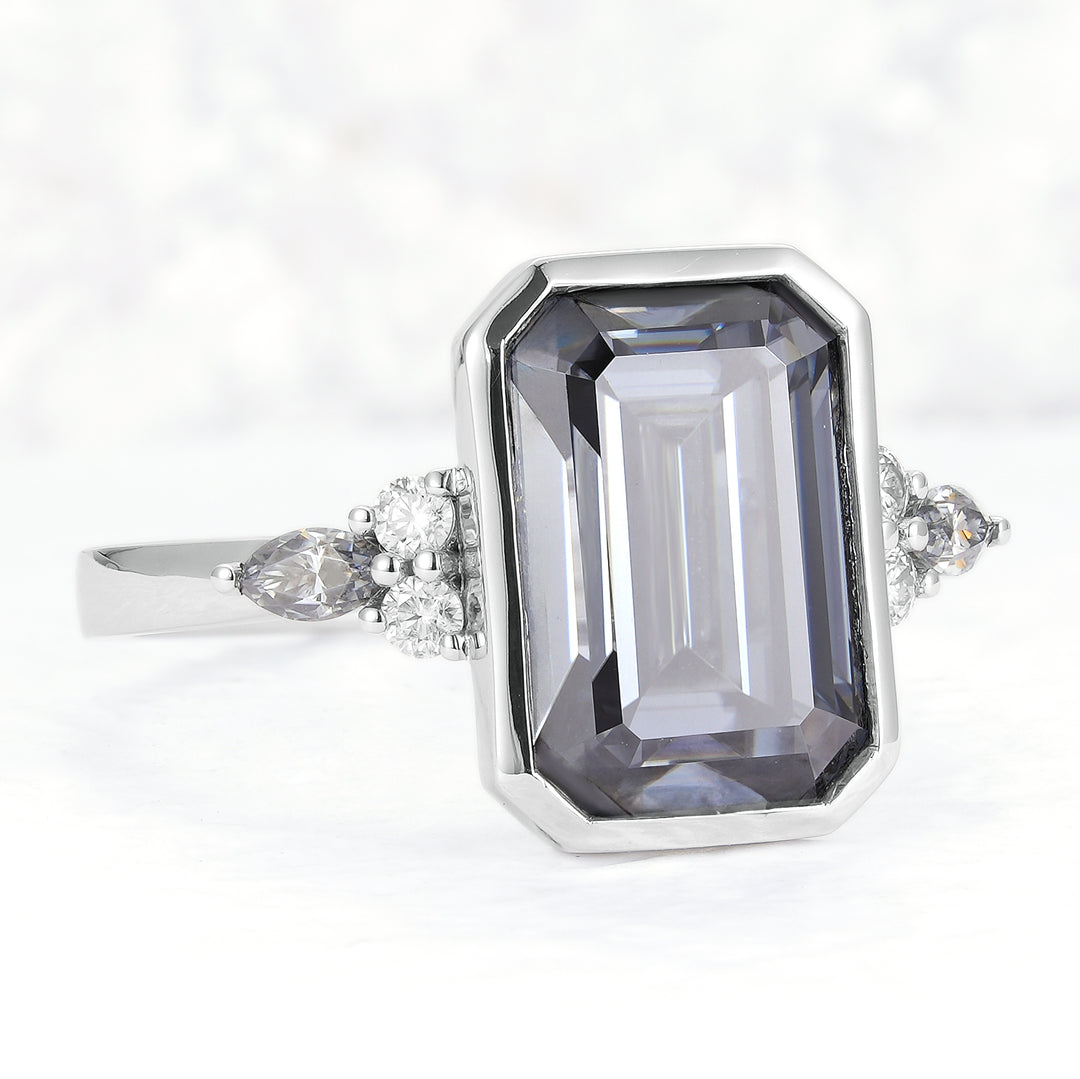 Cluster 3 Carat Emerald Cut Grey Moissanite Bezel Ring