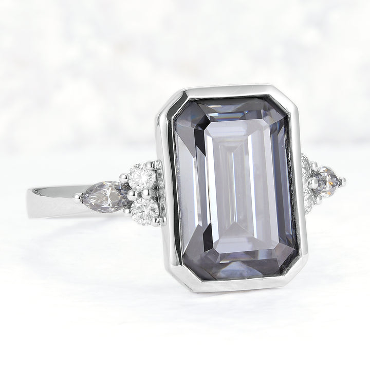Cluster 3 Carat Emerald Cut Grey Moissanite Bezel Ring