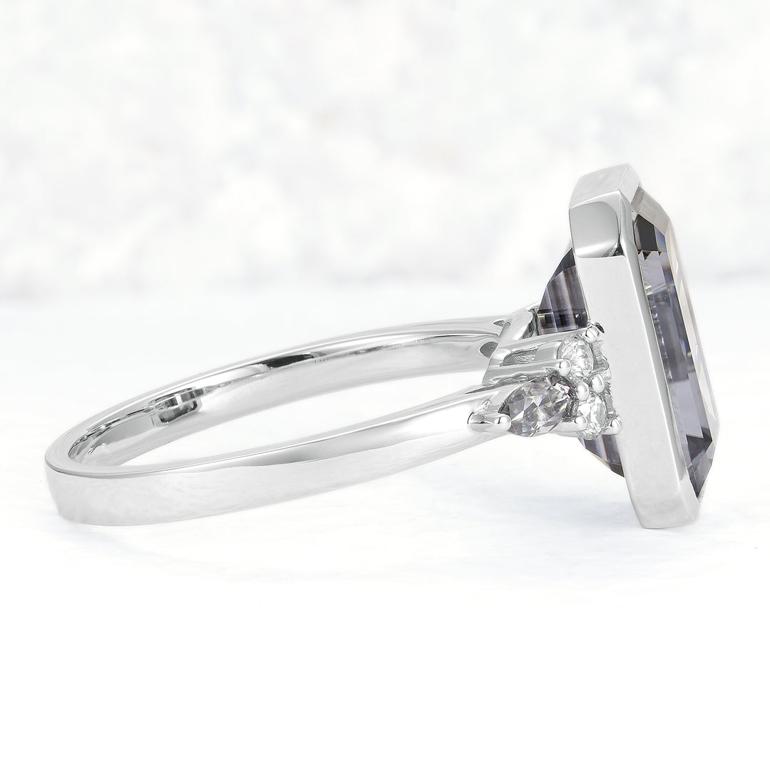 Cluster 3 Carat Emerald Cut Grey Moissanite Bezel Ring