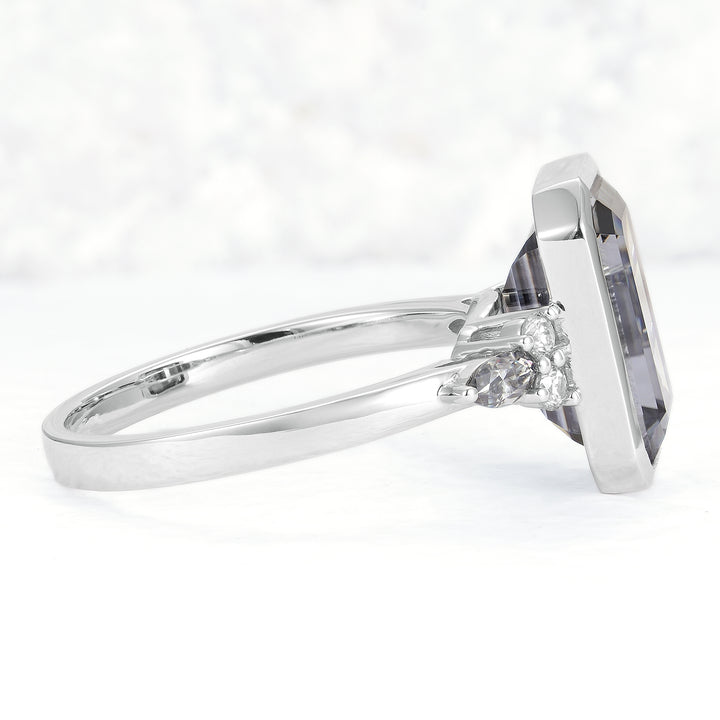 Cluster 3 Carat Emerald Cut Grey Moissanite Bezel Ring