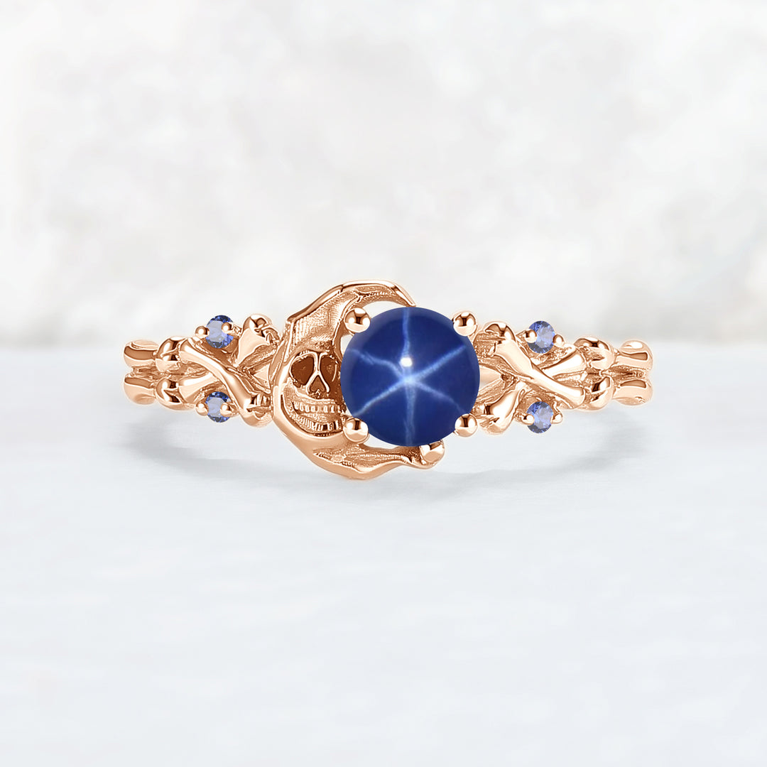 Moon Skeletons & Skull Round Shaped Blue Star Sapphire Gemstone Ring