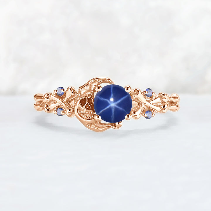 Moon Skeletons & Skull Round Shaped Blue Star Sapphire Gemstone Ring