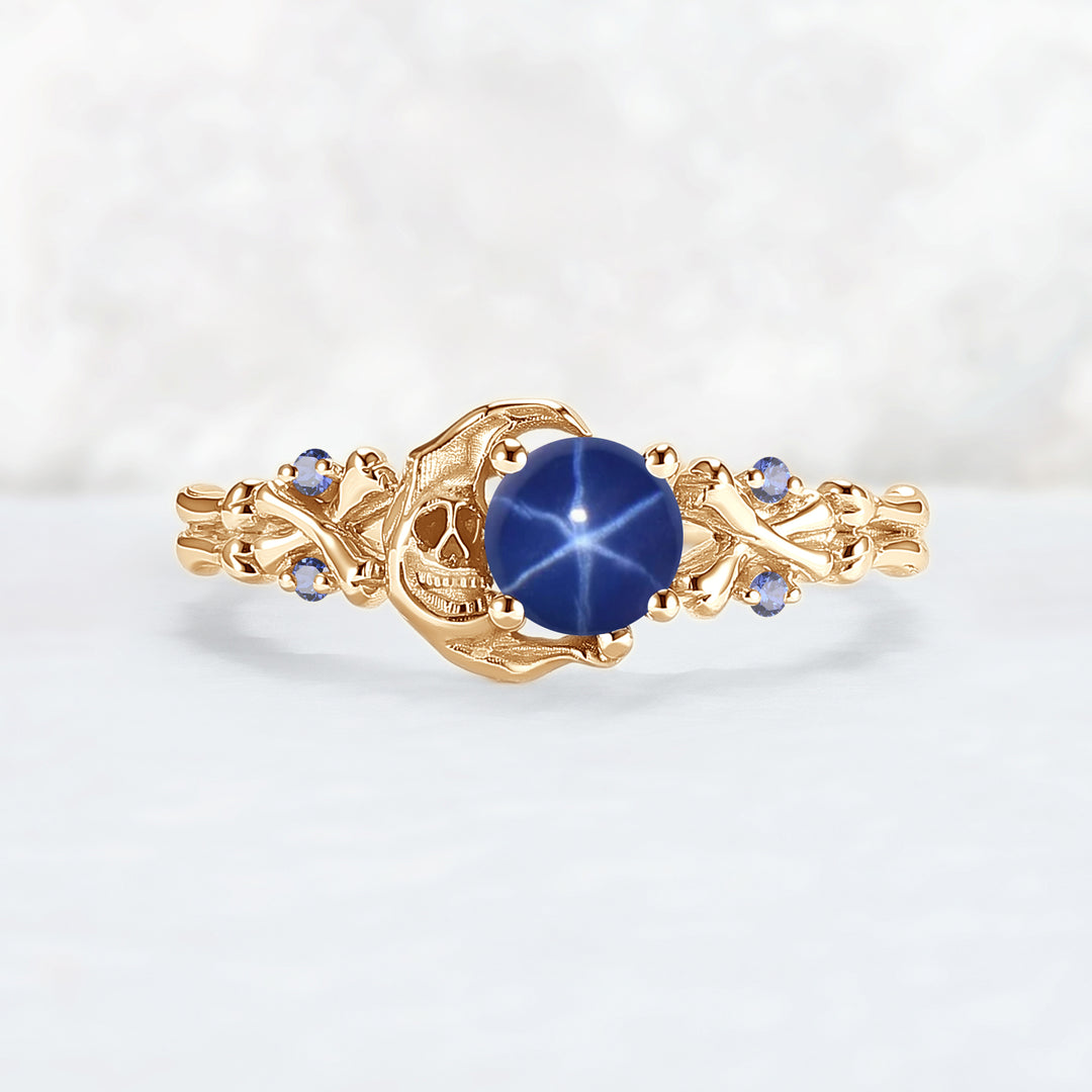 Moon Skeletons & Skull Round Shaped Blue Star Sapphire Gemstone Ring
