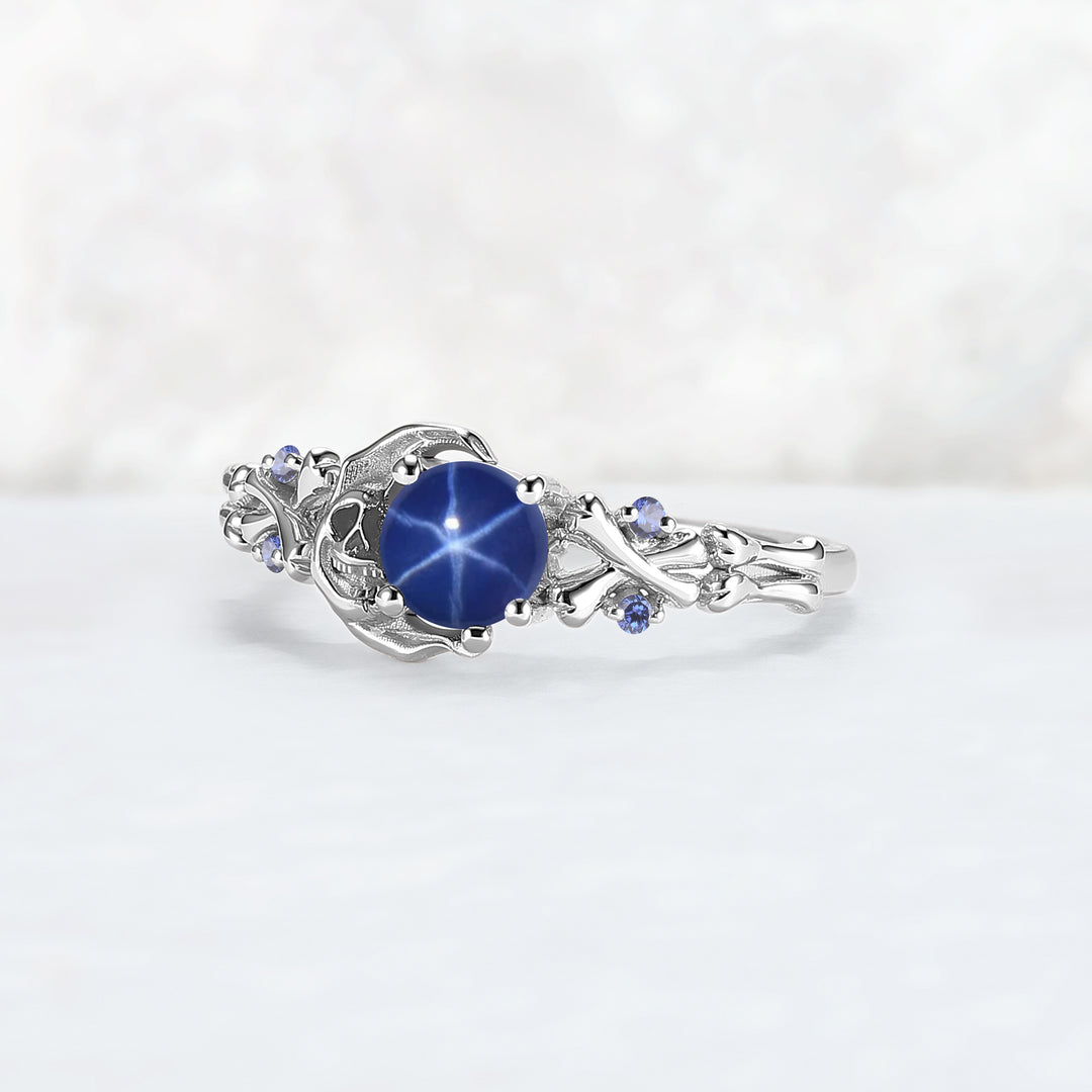 Moon Skeletons & Skull Round Shaped Blue Star Sapphire Gemstone Ring