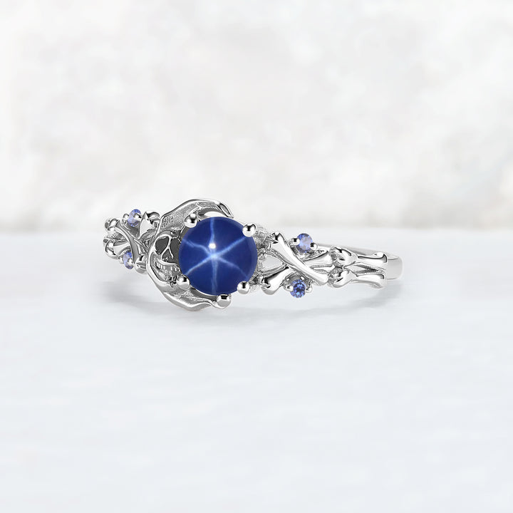 Moon Skeletons & Skull Round Shaped Blue Star Sapphire Gemstone Ring