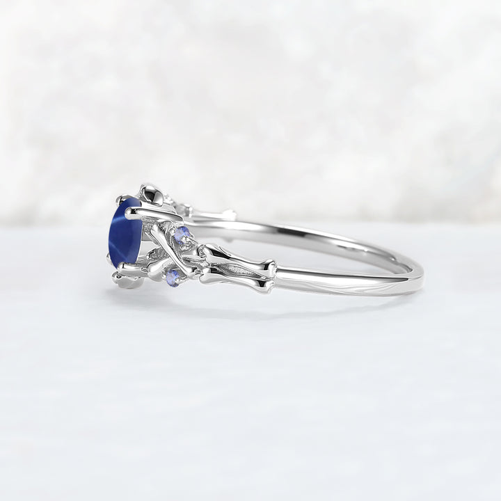 Moon Skeletons & Skull Round Shaped Blue Star Sapphire Gemstone Ring