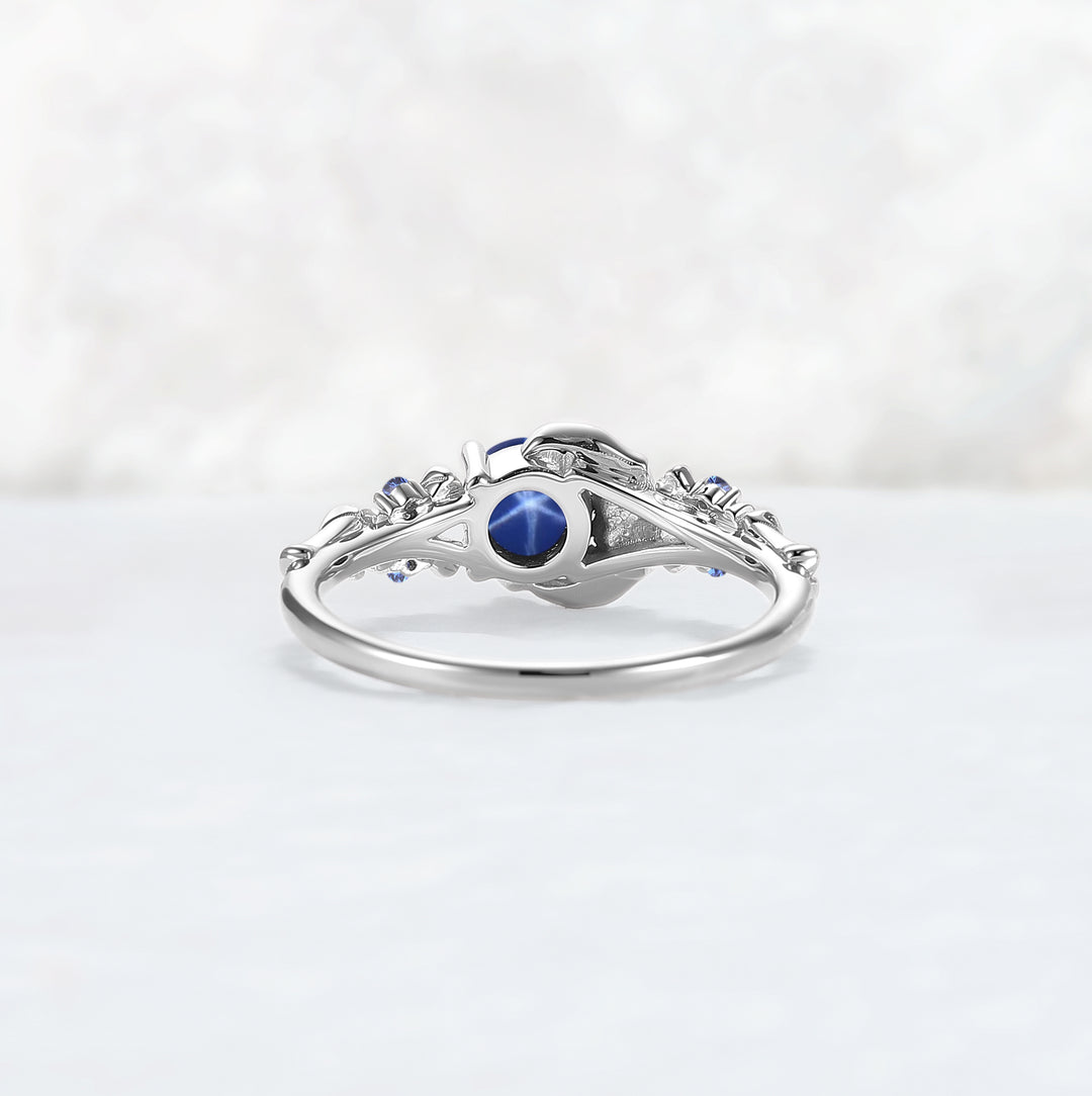 Moon Skeletons & Skull Round Shaped Blue Star Sapphire Gemstone Ring