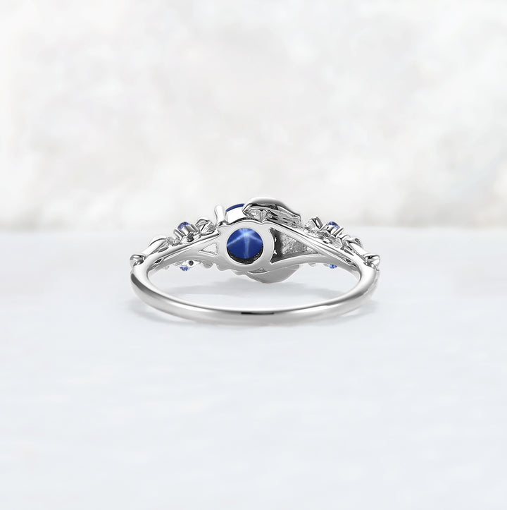 Moon Skeletons & Skull Round Shaped Blue Star Sapphire Gemstone Ring