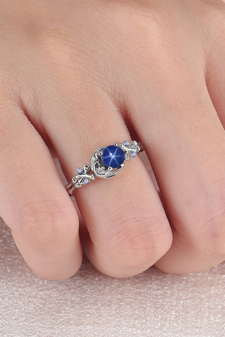 Moon Skeletons & Skull Round Shaped Blue Star Sapphire Gemstone Ring
