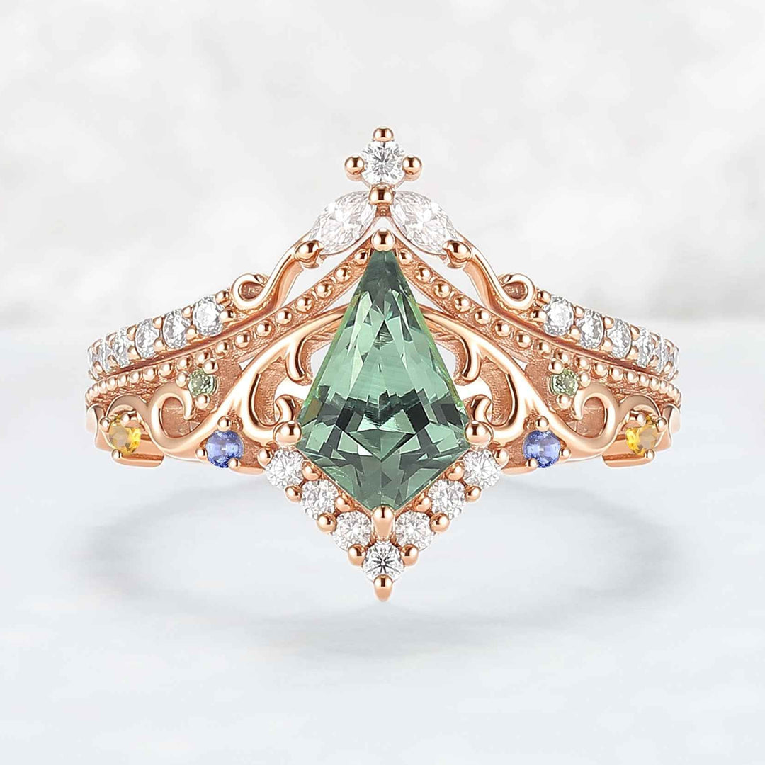 Botanical Vine Kite Cut Lab-Grown Green Sapphire 14K Rose Gold Ring Set 2pcs