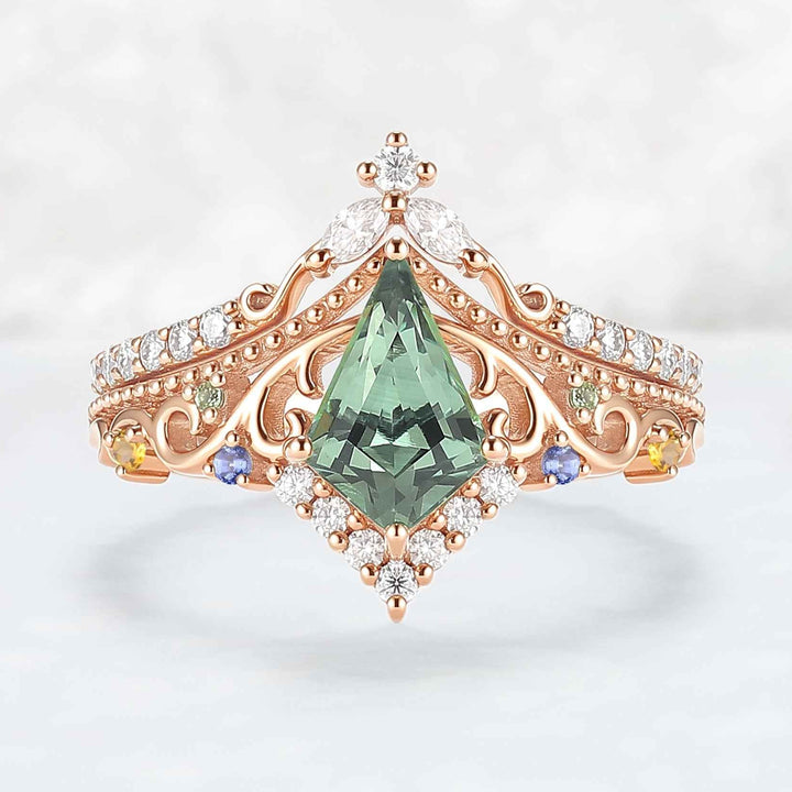 Botanical Vine Kite Cut Lab-Grown Green Sapphire 14K Rose Gold Ring Set 2pcs