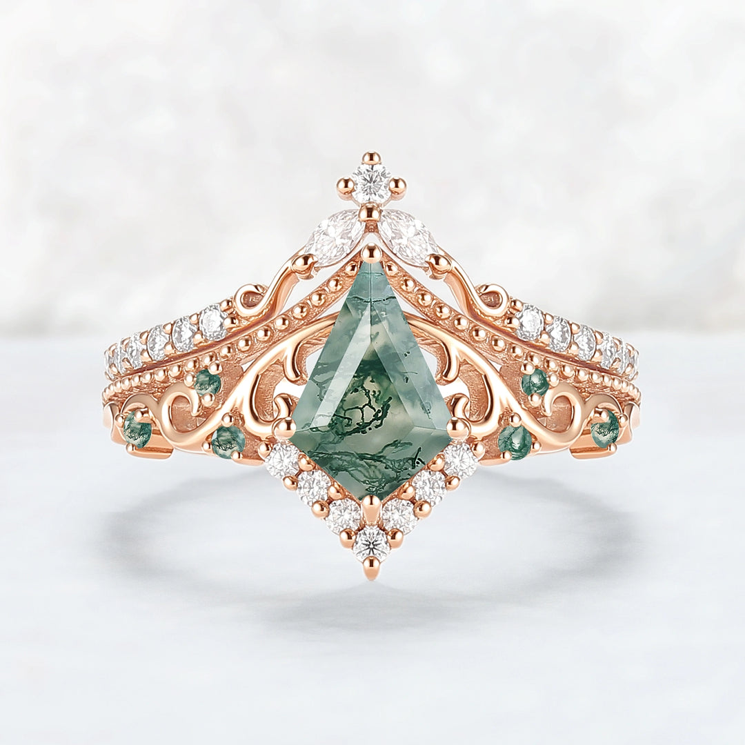 Botanical Vine Kite Cut Moss Agate 14K Rose Gold Ring Set 2pcs