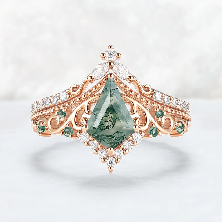 Botanical Vine Kite Cut Moss Agate 14K Rose Gold Ring Set 2pcs