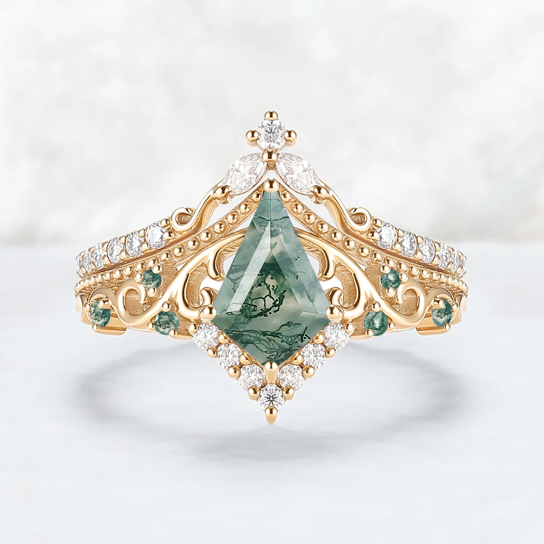Botanical Vine Kite Cut Moss Agate 14K Rose Gold Ring Set 2pcs